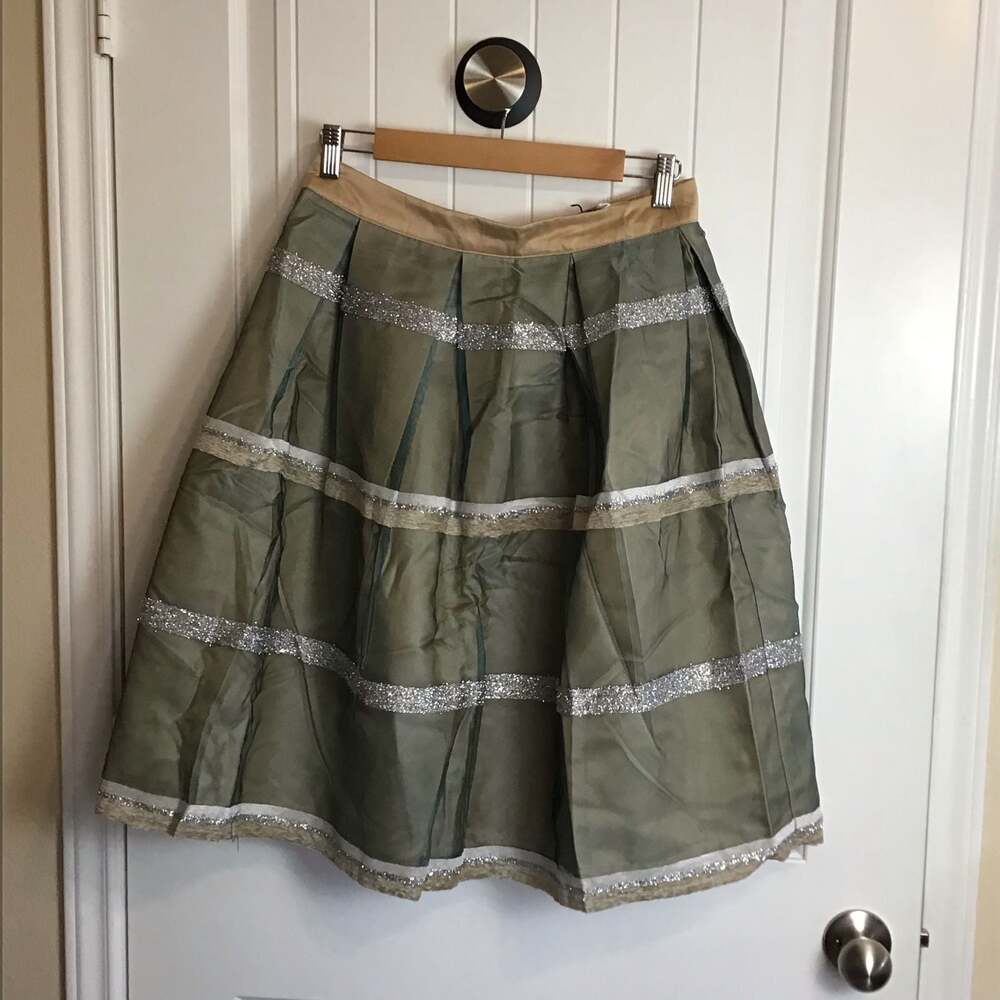 Endless Rose Olive Green Tulle Pleated Midi Skirt with Silver Glitter Stripes